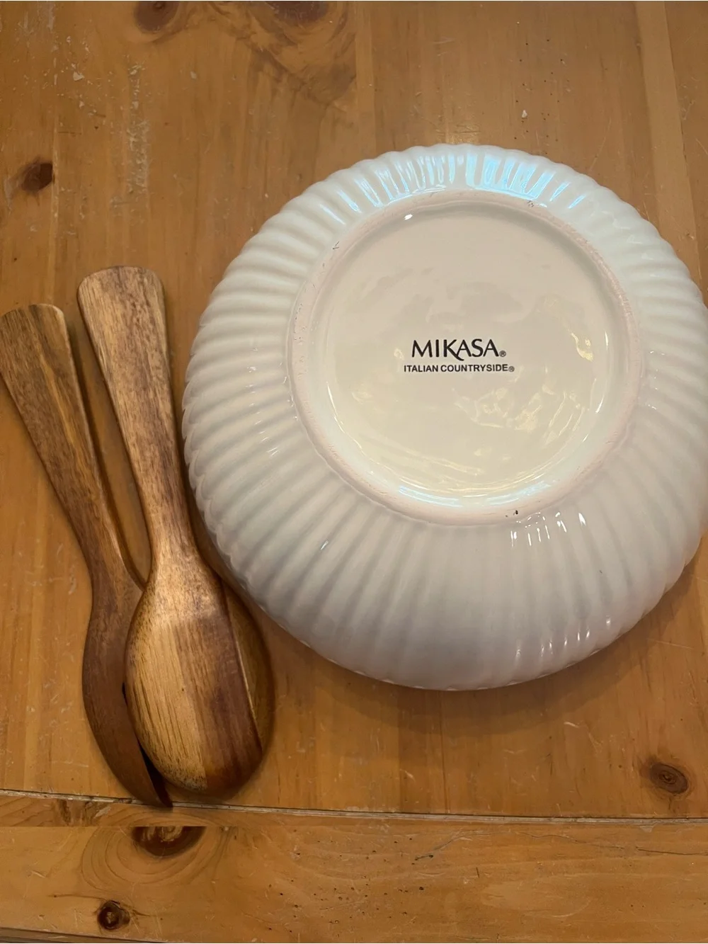 Mikasa Cream Ceramic Salad Bowl with Wooden Serving Utensils